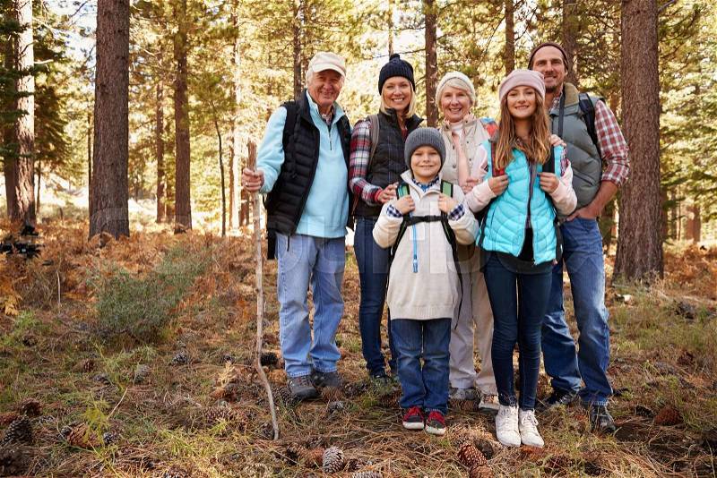 Multi generation family on forest hike, full length portrait, stock photo