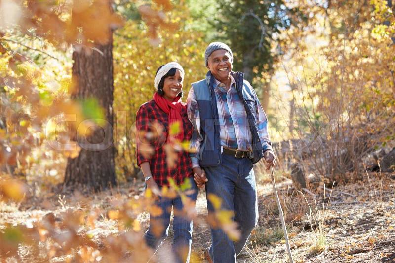 Senior African American Couple Walking Through Fall Woodland, stock photo