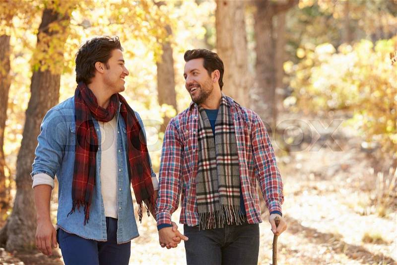 Gay Male Couple Walking Through Fall Woodland Together, stock photo