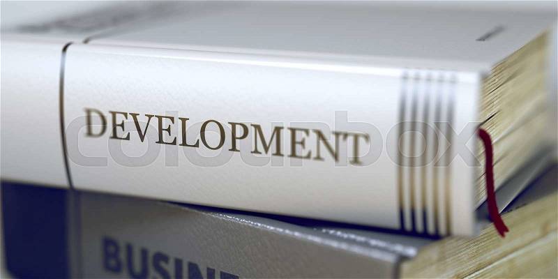 Book Title on the Spine - Development. Closeup View. Stack of Books. Business - Book Title. Development. Blurred Image. Selective focus. 3D Rendering, stock photo