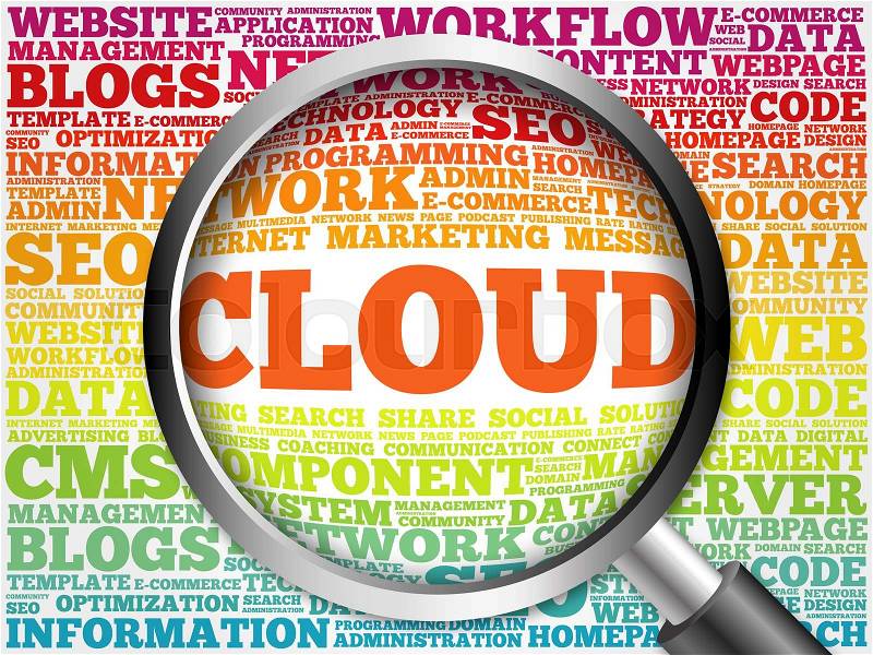 CLOUD word cloud with magnifying glass, business concept, stock photo