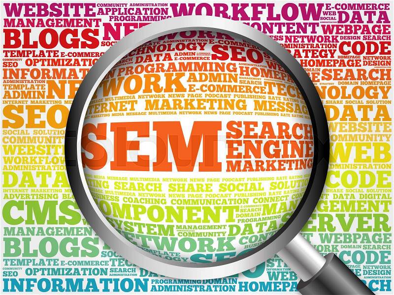 SEM (Search Engine Marketing) word cloud with magnifying glass, business concept, stock photo