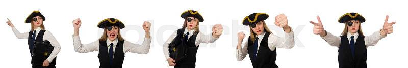 Woman boss pirate isolated on the white, stock photo