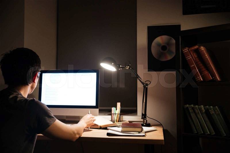 Back view of man working with blank screen computer, stock photo