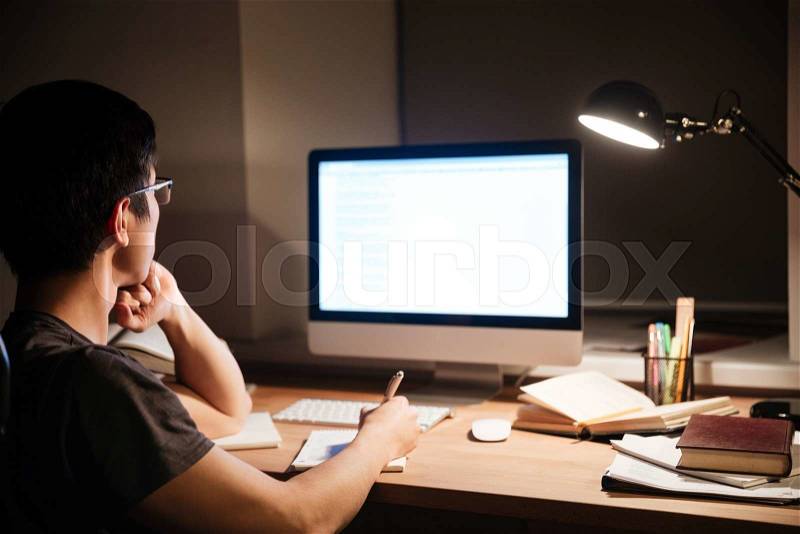 Back view of man reading information from blank screen computer, stock photo