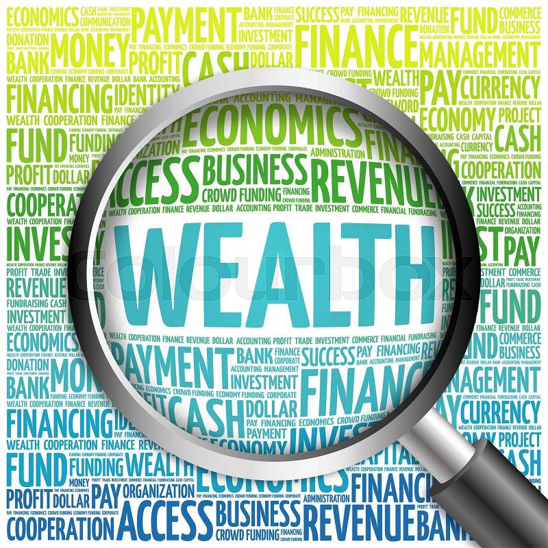 WEALTH word cloud with magnifying glass, business concept, stock photo