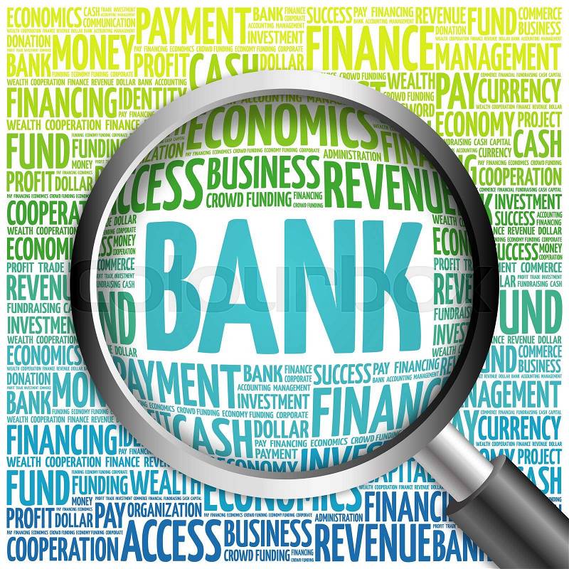BANK word cloud with magnifying glass, business concept, stock photo