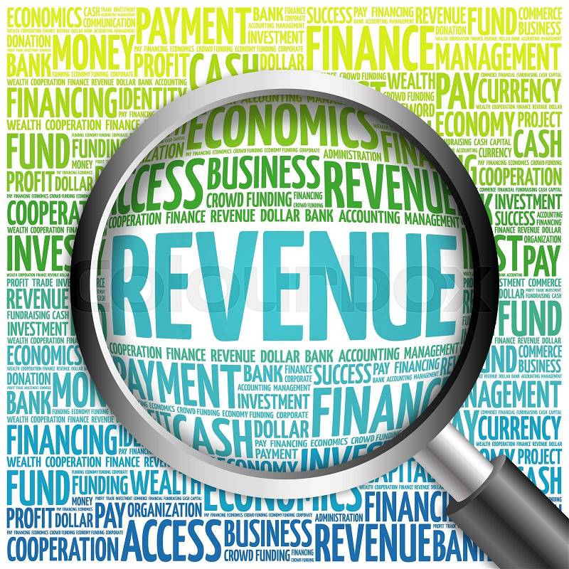 REVENUE word cloud with magnifying glass, business concept, stock photo