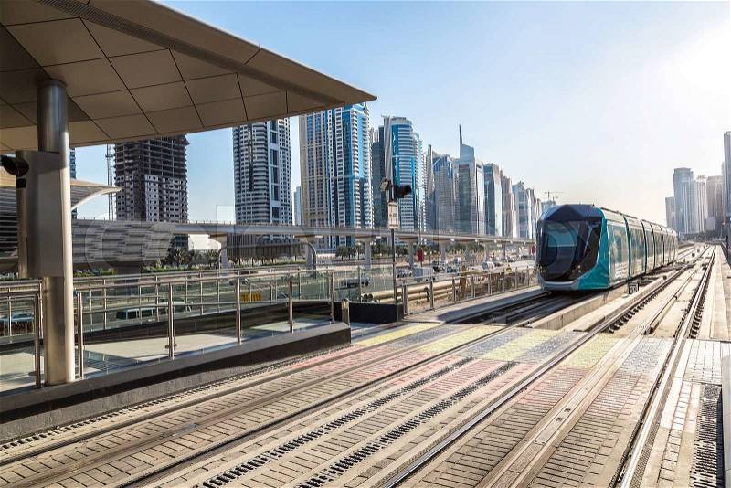DUBAI, UAE - DECEMBER 5: New modern tram in Dubai, UAE. December 5, 2015 in Dubai, United Arab Emirates, stock photo