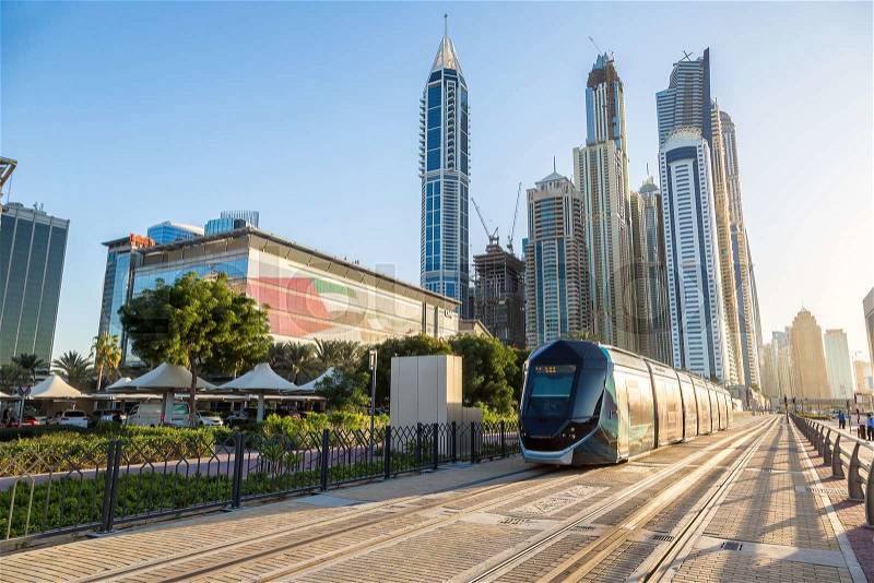 DUBAI, UAE - DECEMBER 5: New modern tram in Dubai, UAE. December 5, 2015 in Dubai, United Arab Emirates, stock photo