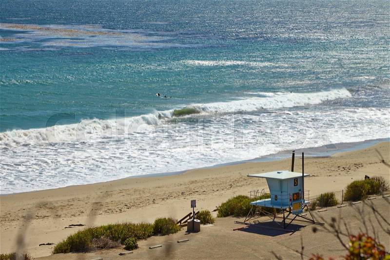 Lifeguard hut on the Malibu beach. California, stock photo