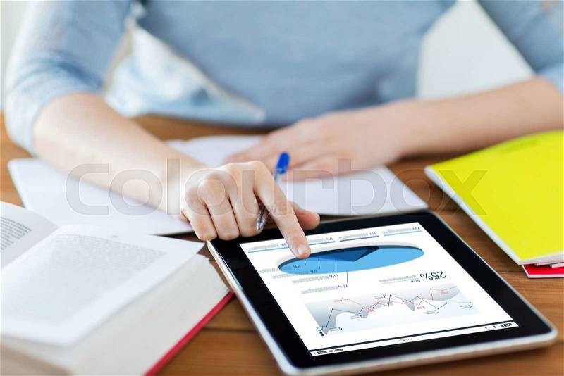 Business, education, technology, statistics and people concept - close up of student woman with pie chart on tablet pc computer and notebook at home, stock photo