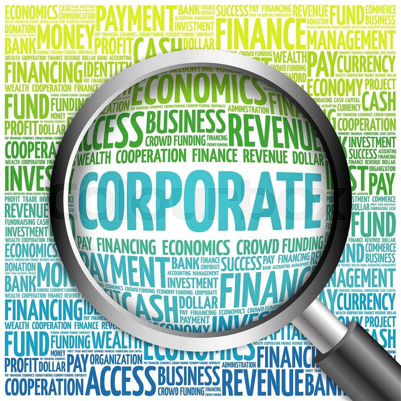 CORPORATE word cloud with magnifying glass, business concept, stock photo