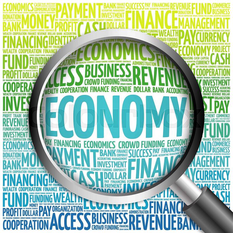 ECONOMY word cloud with magnifying glass, business concept, stock photo