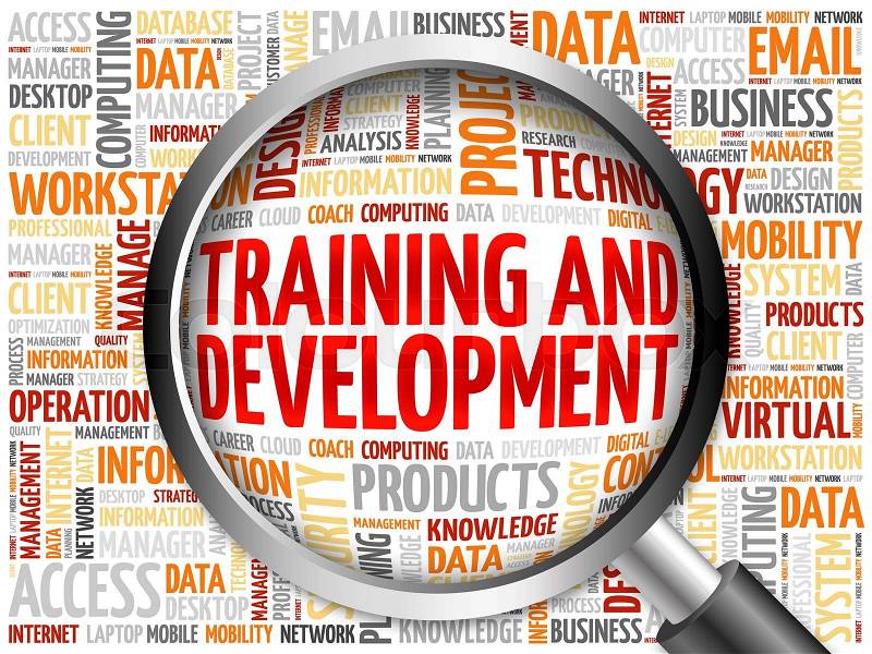 Training and Development word cloud with magnifying glass, business concept, stock photo