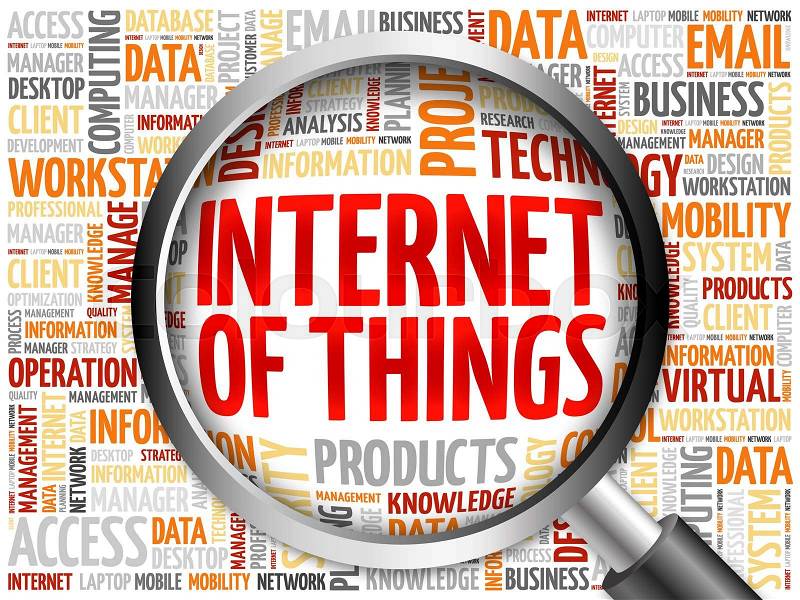 Internet of Things (IOT) word cloud with magnifying glass, business concept, stock photo