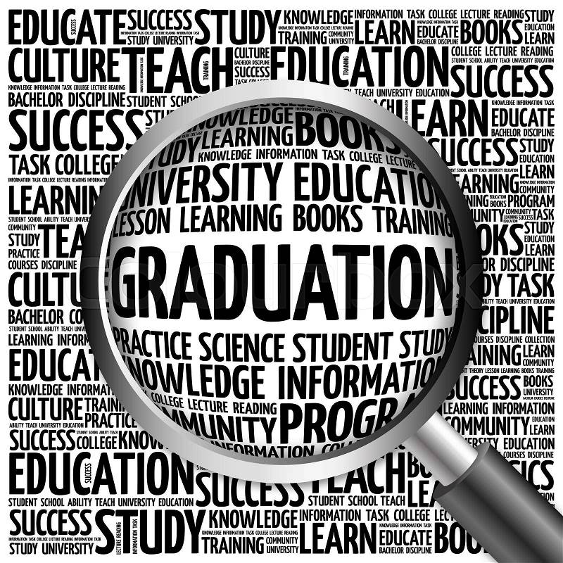 GRADUATION word cloud with magnifying glass, concept, stock photo