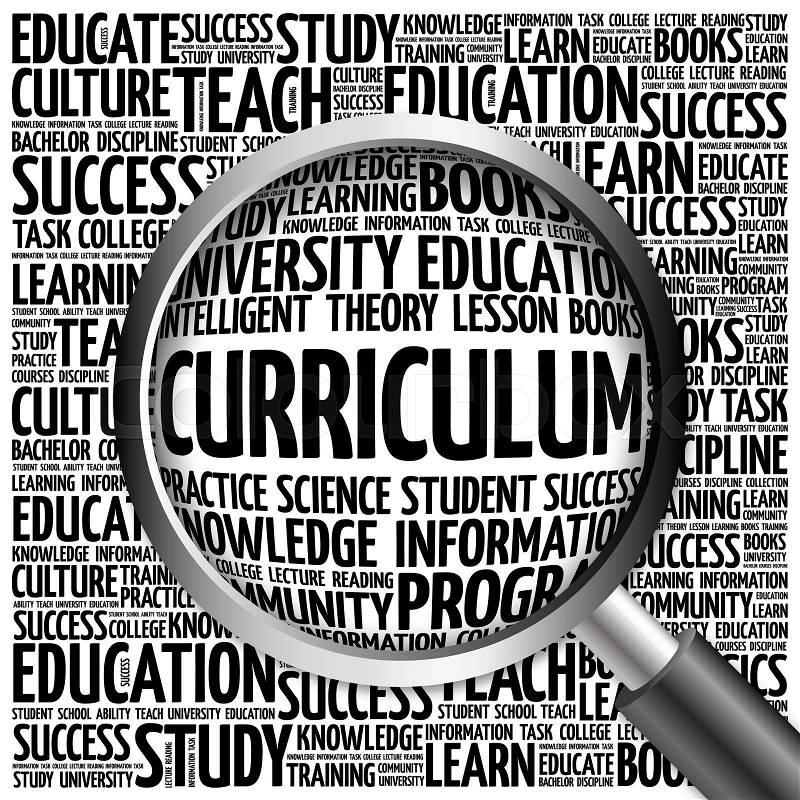 CURRICULUM word cloud with magnifying glass, concept, stock photo