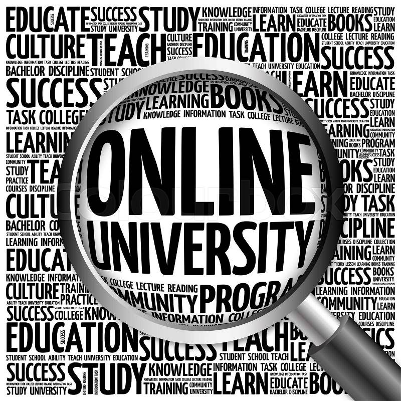 Online University word cloud with magnifying glass, concept, stock photo