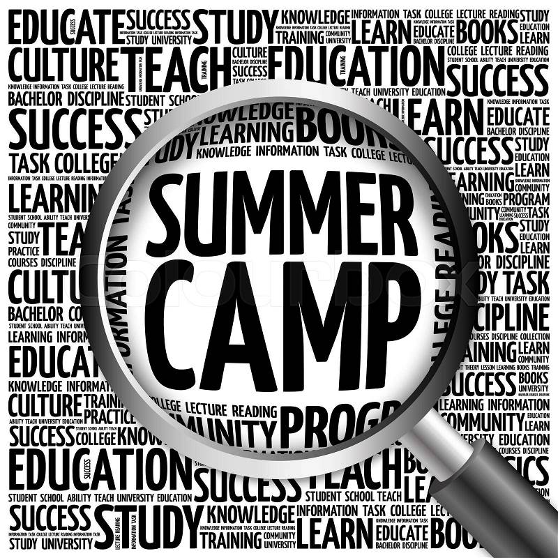 Summer Camp word cloud with magnifying glass, concept, stock photo