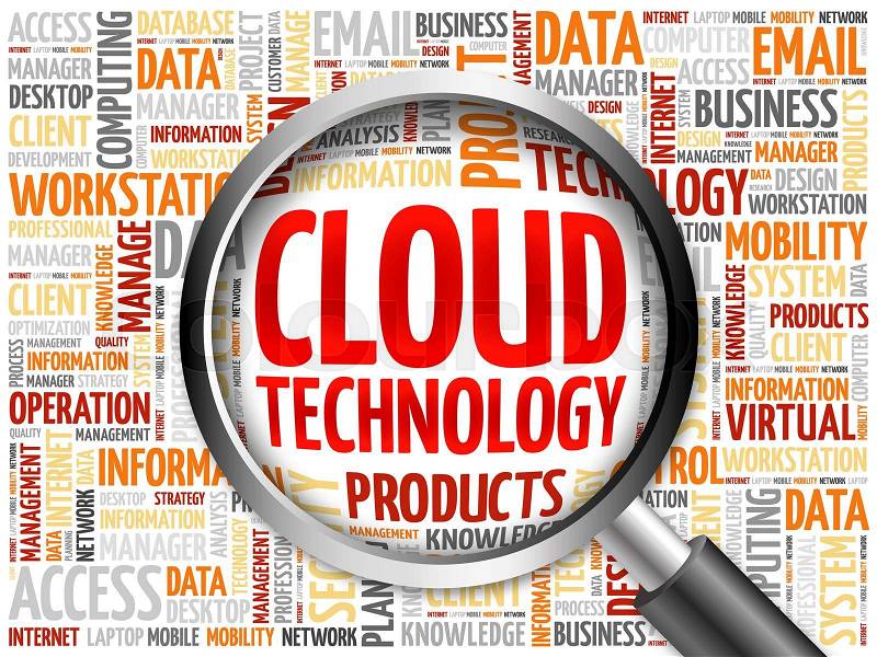 Cloud Technology word cloud with magnifying glass, business concept, stock photo