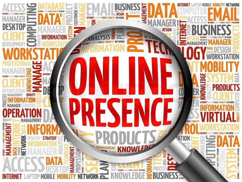 Online Presence word cloud with magnifying glass, business concept, stock photo