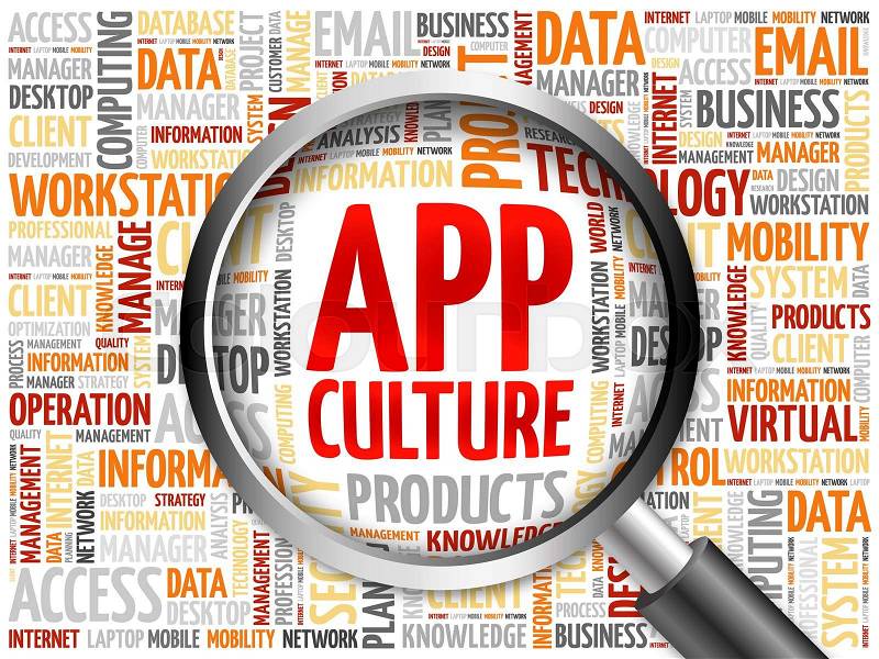 App Culture word cloud with magnifying glass, business concept, stock photo