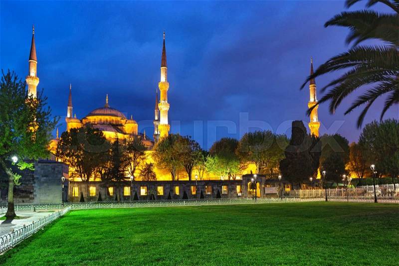 Sultanahmet Mosque with lawn at night. Istanbul, Turkey, stock photo