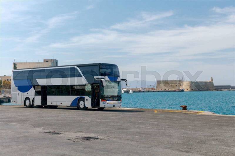 Tourist bus on the pier in the sea port of Heraklion. Greece. Crete, stock photo