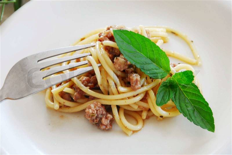 Small portion of spaghetti mixed with minced meat served on white plate, stock photo