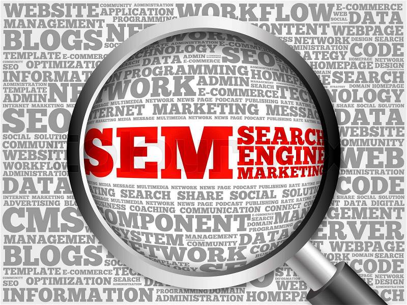 SEM (Search Engine Marketing) word cloud with magnifying glass, business concept, stock photo