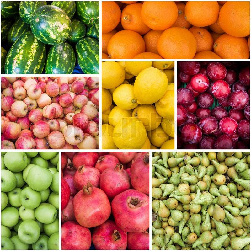 Collage with various fruits. collection of fresh fruits, stock photo