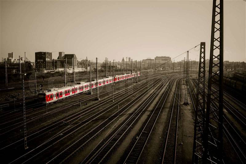 Red train with black and white background, stock photo