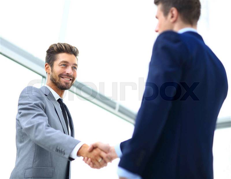 Business colleagues during a meeting with two male executives shaking hands, stock photo