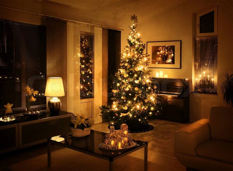 Christmas tree in modern living room warm feeling, stock photo
