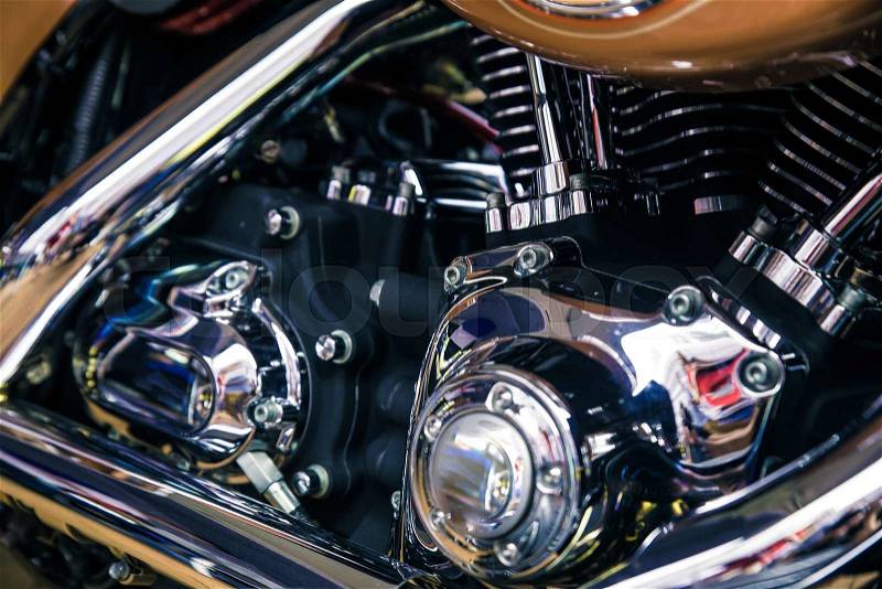Retro shiny chrome motorcycle moto engine image, stock photo