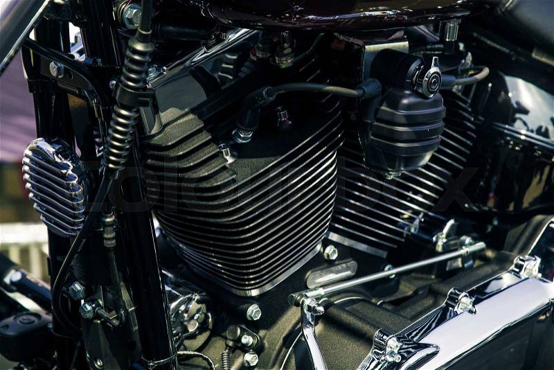 Retro shiny chrome motorcycle moto engine image, stock photo