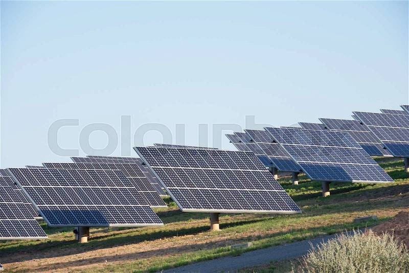Photovoltaic panels for renewable electric production, Navarra, Aragon, Spain, stock photo