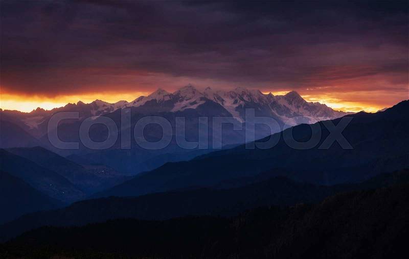 The view from the mountains to Mount Ushba Mheyer, Georgia. Europe, stock photo