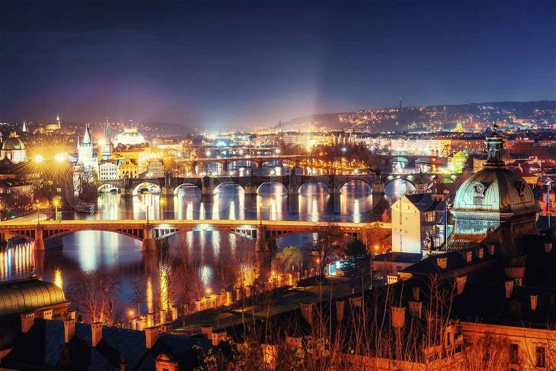 Evening View of The Vltava River and Bridges in Prague , Czech republic, stock photo