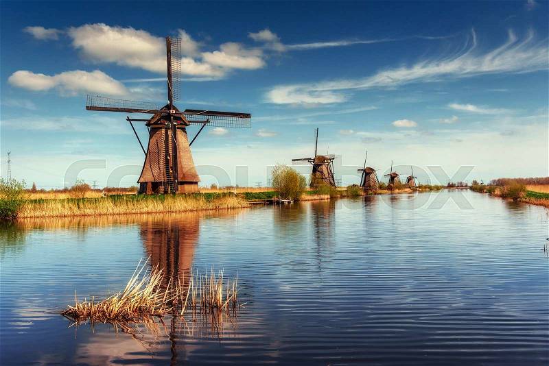 Traditional Dutch windmills from the channel Rotterdam. Holland, stock photo