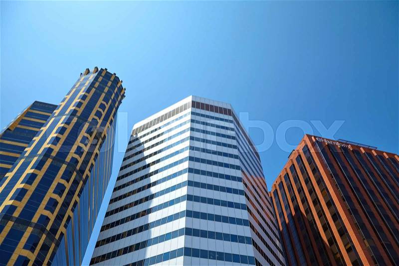 Office building on sky background. Los Angeles California, stock photo
