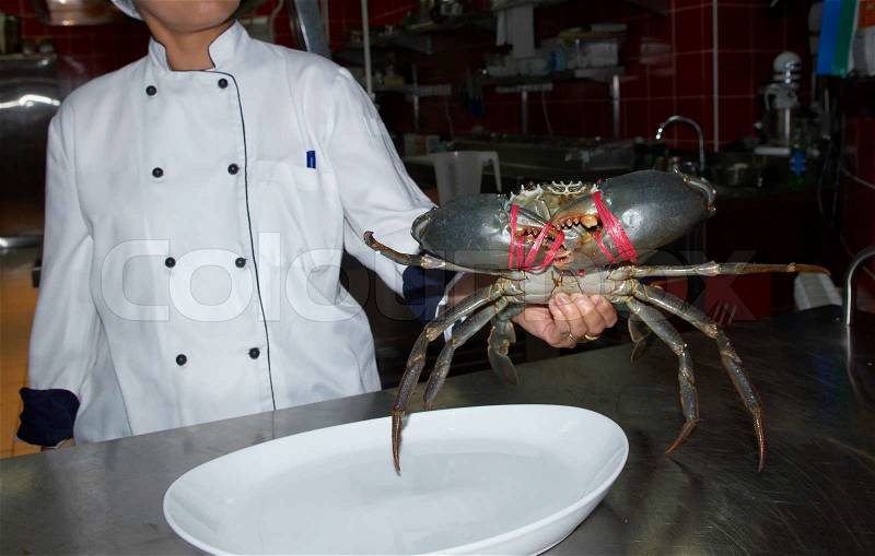 Big alive crab on kitchen of the restaurant, stock photo