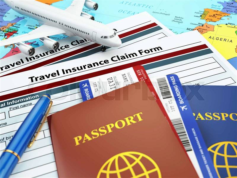 Travel insurance application form, passport and airplane on the map. 3d, stock photo