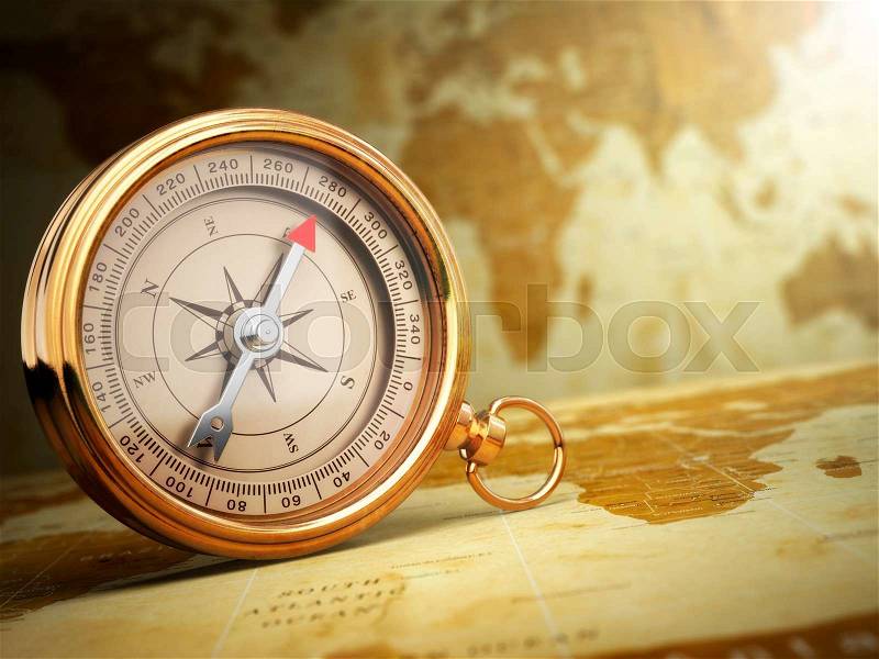 Vintage compass on the old world map. Travel concept. 3d, stock photo