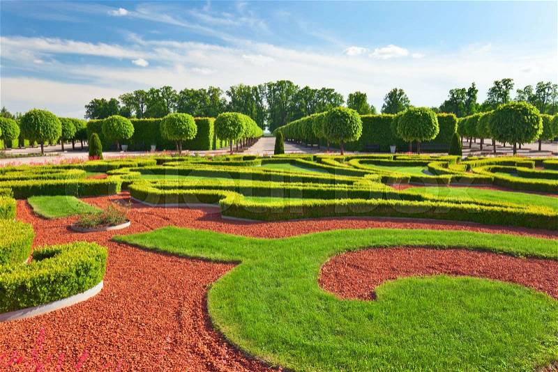 Traditional french garden. Rundale palace was built in 1740 , Latvia, stock photo