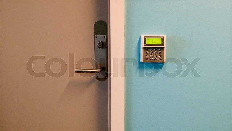 Door and digital lock with pin code display, stock photo