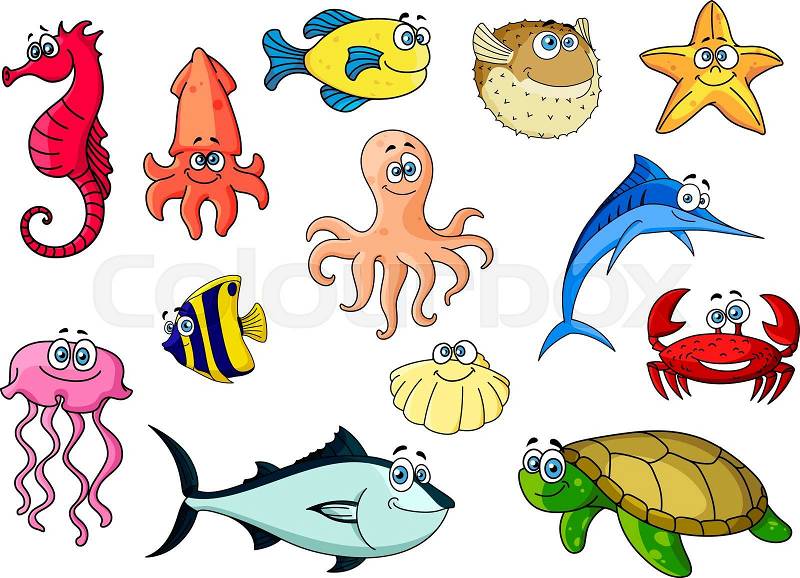 Cartoon colorful tropical fishes, sea turtle and shell, crab and octopus, starfish and squid, red seahorse and pink jellyfish, blue marlin and tuna. Sea animals characters for mascot, zoo aquarium or nature design usage , vector
