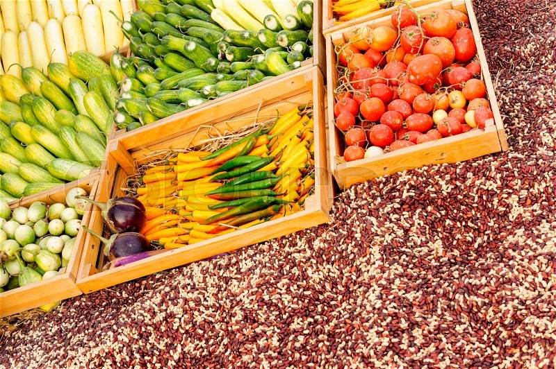 Fruit and vegetable promotion : Chilli ,Tomato , Cucumber , Nut, stock photo