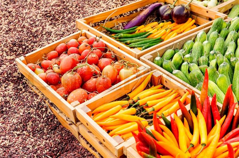 Fruit and vegetable promotion : Chilli ,Tomato , Cucumber , Nut, stock photo